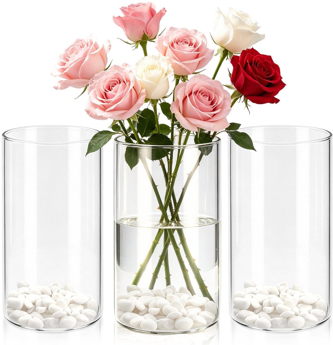 Omgoods - Set van 3 Transparante Glazen Vazen voor Bloemen en Decoratie