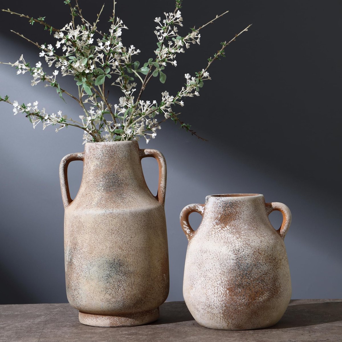 Omgoods - Set van 2 Grote Decoratieve Aardewerken Vazen met Handvatten