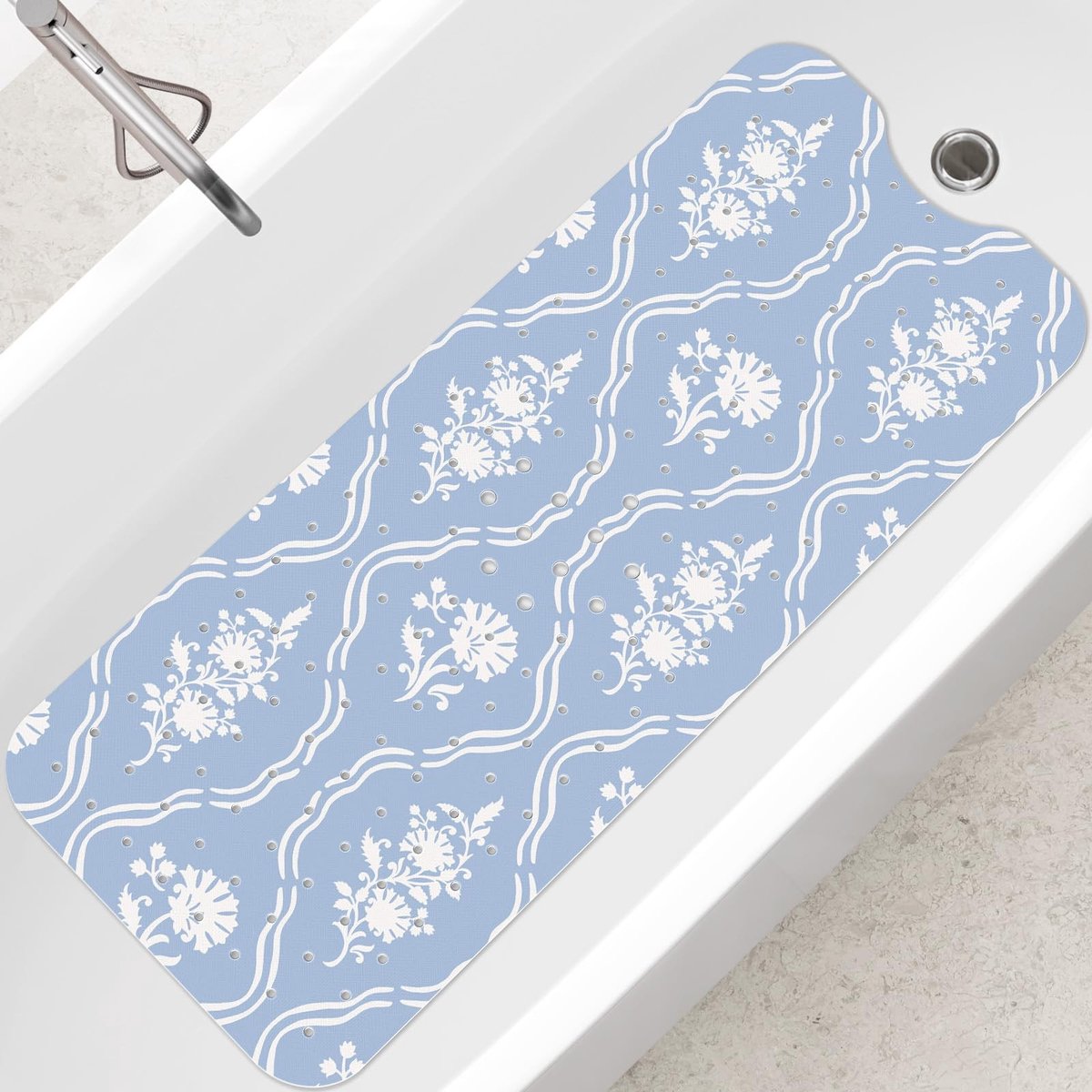 Omgoods - Antislip Badmat 100 x 40 cm - Machinewasbaar Blauw-Wit