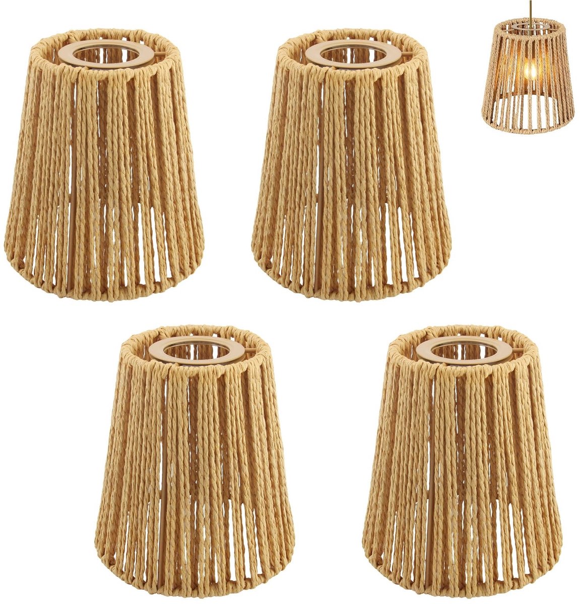 Omgoods - Set van 4 Rotan Lampenkappen, Vintage Boho Stijl
