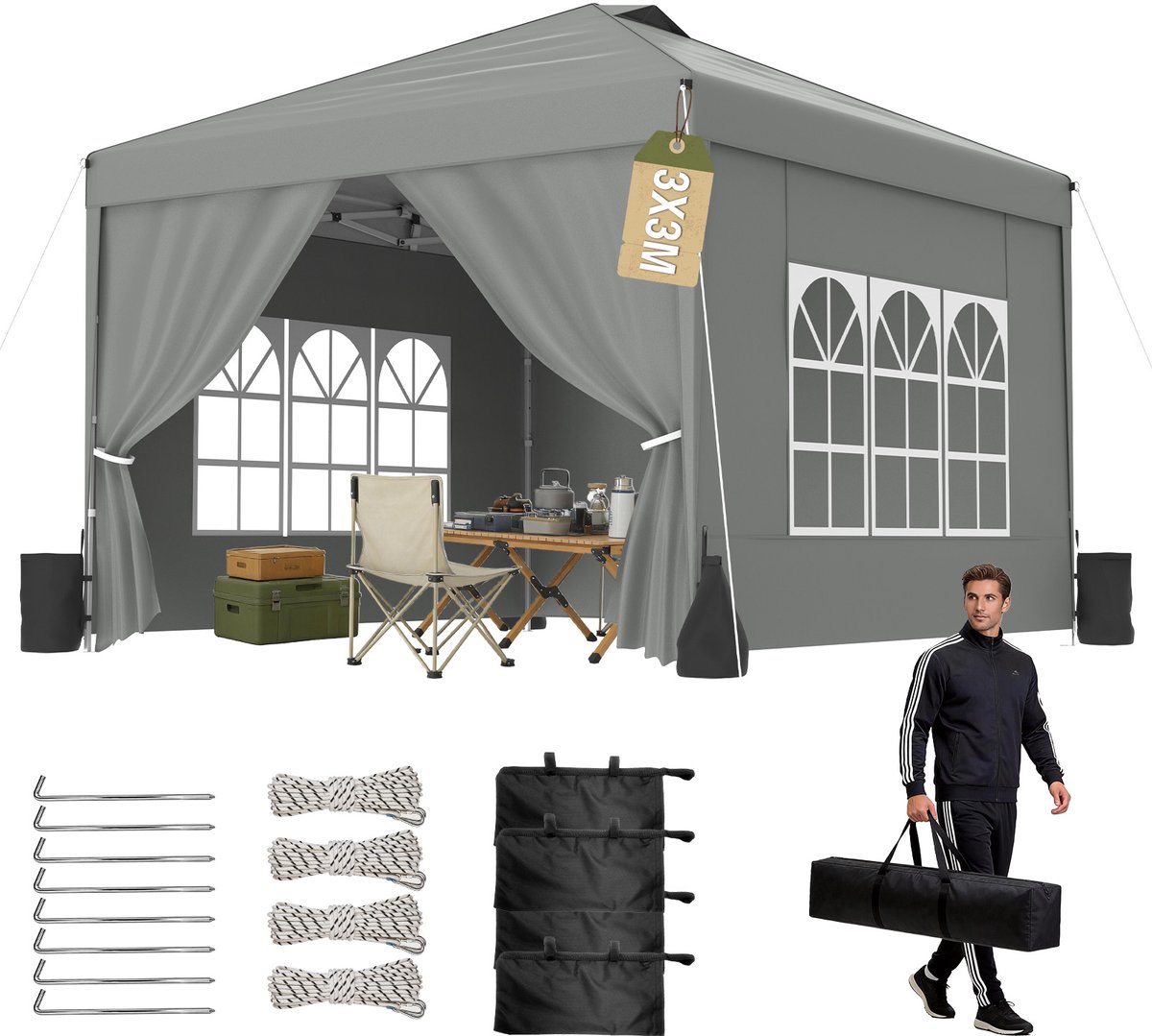 Arvioo opvouwbare paviljoen - zilvergrijs 3x3m - waterafstotend - met zijwanden en zandzakken