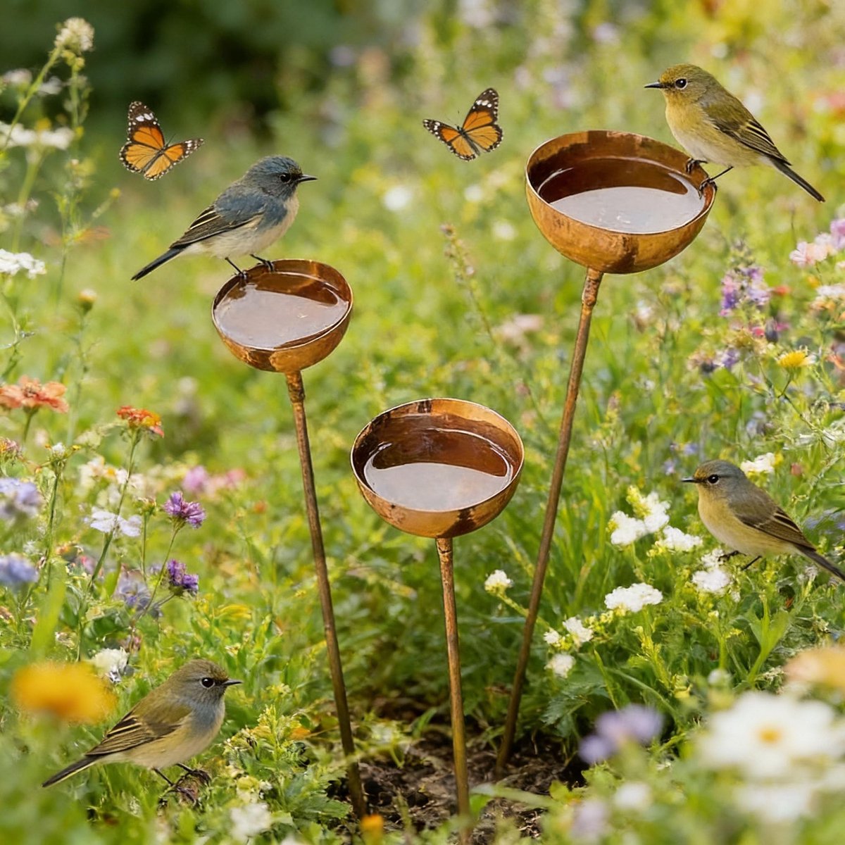 Omgoods- Insectendrinkbak met 3 opvangschalen - Tuindecoratie voor buiten - Vintage Tuinsteker - Robuust metaal - Natuurlijke roestlook