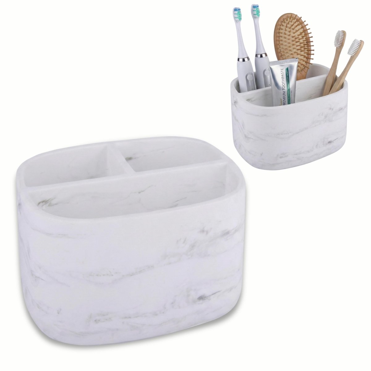 Omgoods- Organizer Zware Polyresin - Organizer Badkamer - Organizer Bureau - 3 Vakken - Stabiele Basis - Marmerlook 17,5 x 13,5 x 11,5 cm - Opberger