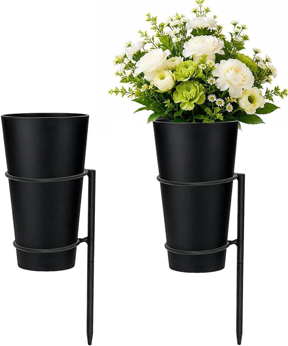Grafvazen met Grondpen - Bloemenvaas Begraafplaats - Graf Decoratie - Set van 2 Stuks - 9 x 26 cm - Zwart
