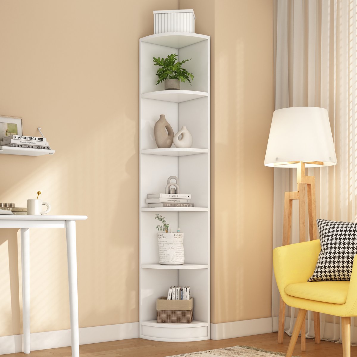 Re-purelife® Hoekboekenkast wit – 5-laags MDF opbergrek voor hoek, ruimtebesparend en stevig, 42×30×180 cm