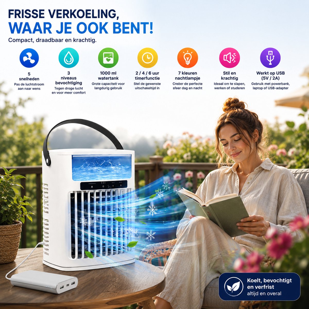HomeGoodies - Airco - Aircooler - Mini airconditioner - Draagbaar - 7 Kleuren Nachtlamp - Voor Slaapkamer, Kantoor & Camper – foto 6