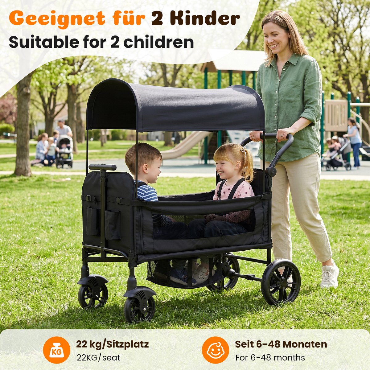 Dubbele kinderwagen - Tweeling buggy - Inklapbare kinderwagen - Opvouwbare tweelingwagen - Buggy met zonnekap en dienblad - 5-punts veiligheidsgordel, verstelbare handgreep - Metaal en Stof - 22×66×122 cm - Geschikt voor 2 kinderen - Zwart — cadeau in Cadeau-ideeën - foto 7