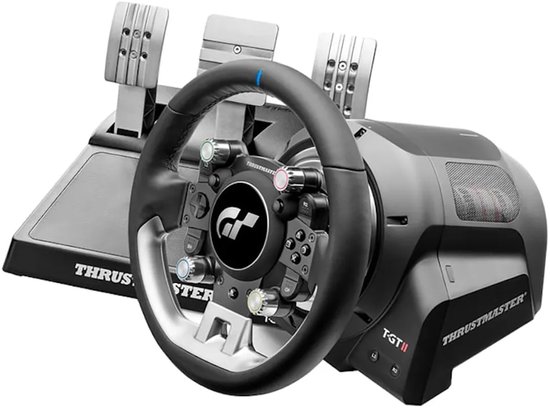 Thrustmaster T-GT II racestuur met pedalen, zwart met zilveren accenten.