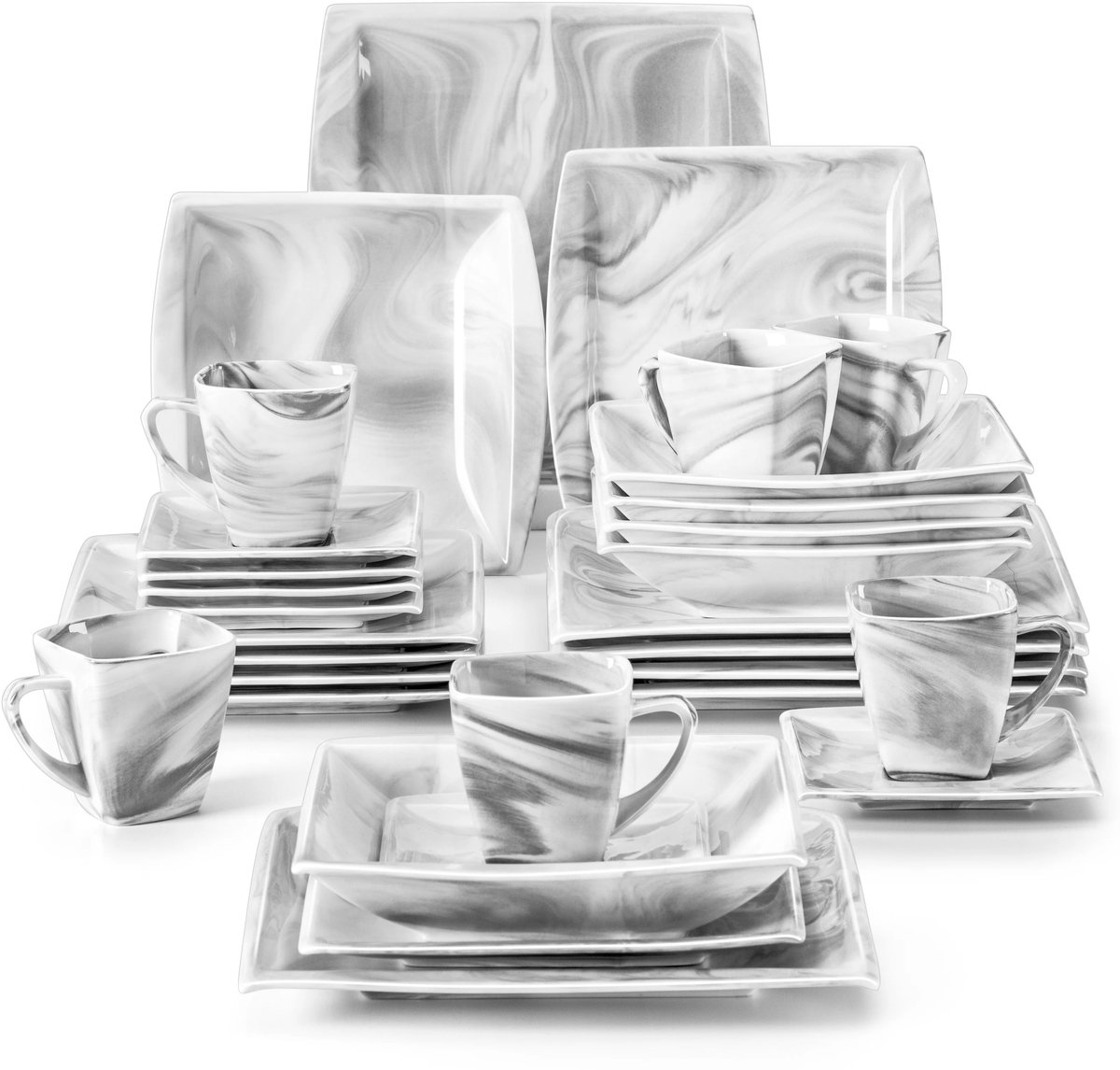 Home & Beyond® 30-Delige Serviesset Grijs Marmer - Porseleinen Servies voor 6 Personen - Inclusief Dinerborden, Dessertborden, Diepe Borden, Kopjes & Schotels - Vaatwasser- en Magnetronbestendig