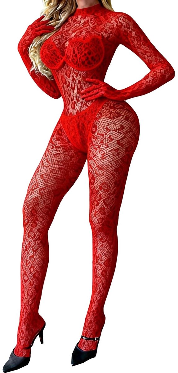 Solidchoice- Bodystocking Zwarte Luipaardprint - Mesh Jumpsuit - Sexy Lingerie - Festival Outfit - Elastische Stof - Open Vinger Stijl