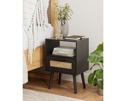 Dailygoods - HEYZOEY Nachtkastje, nachtkastje met PE-rotan decoratieve lade, rotan nachtkastje met massief houten poten, bijzettafel met lade open plank, bijzettafel voor slaapkamer, woonkamer (zwart)