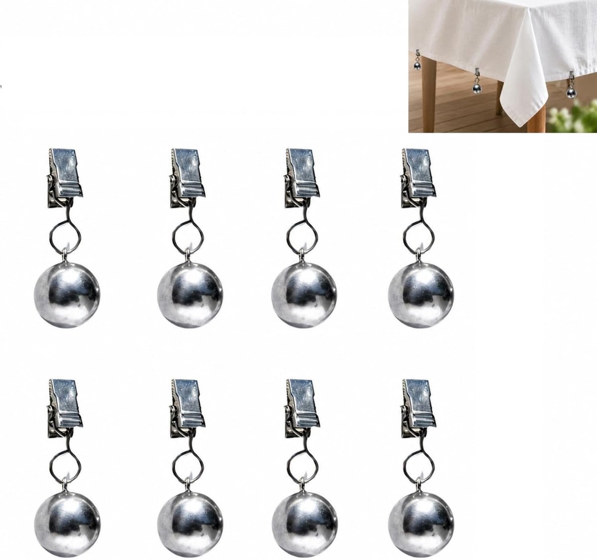 Tafelkleedgewichten voor buiten - 8 stuks roestvrijstalen ballen, winddichte tafelklemmen, stabiele oplossing voor tafelkleden, gordijnen en tuinvlaggen
