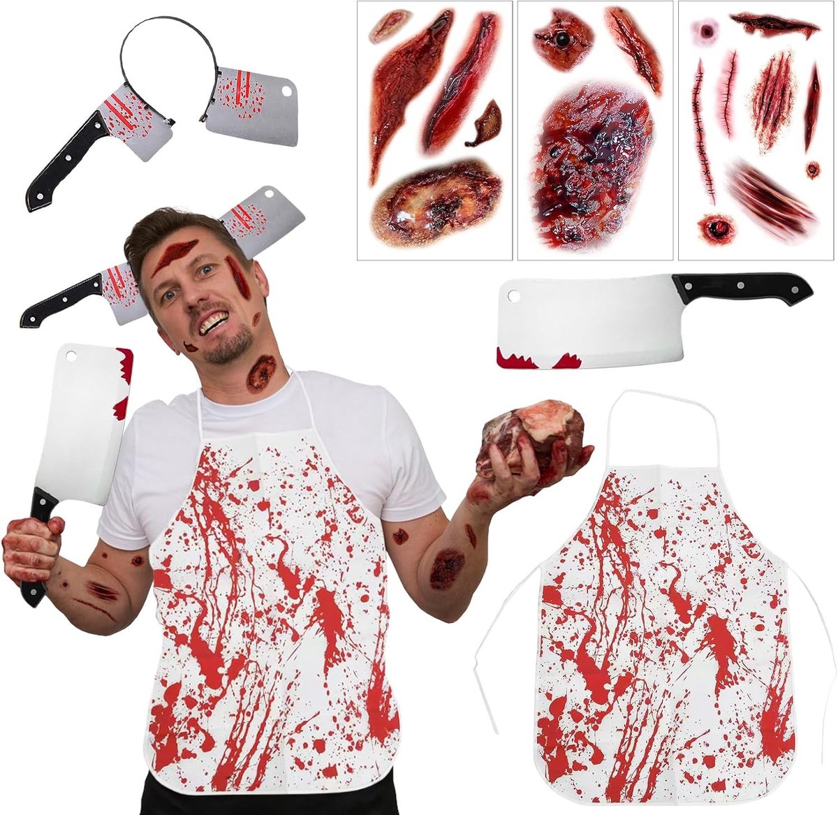 Zesdelige Halloween Kostuumset voor Slager met Messen, Bloedige Klederen voor Volwassenen, Eng Slasher Outfit voor Feestjes