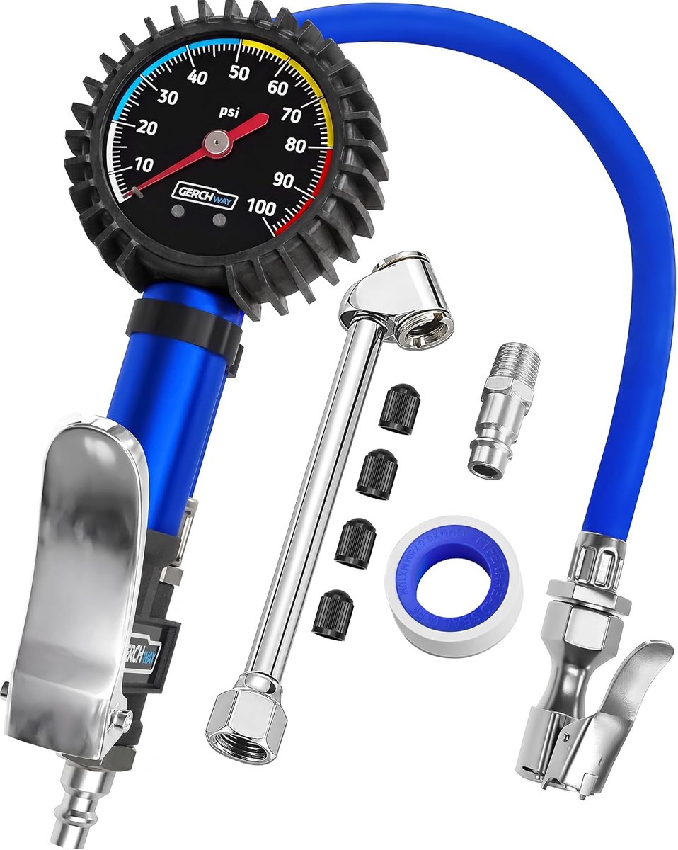 SnelShoppen - Bandenpomp met Nauwkeurige Bandenspanner 0-10 Bar, Persluchtmanometer, 50 cm Bandenvulslang, Veelzijdige Bandenspanningsmeter voor Auto,