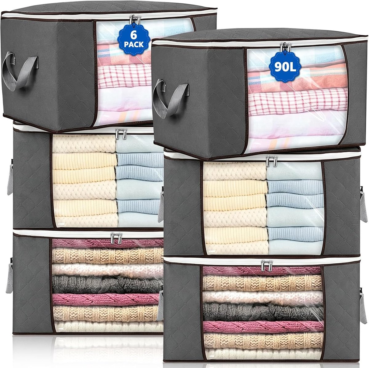 SnelShoppen - 6 Stuks 90L Opbergdozen met Deksel, Faltbare Kledingopbergers, Organiser voor Kleiderschrank, Grote Opbergboxen voor Kleding, Dekbedden