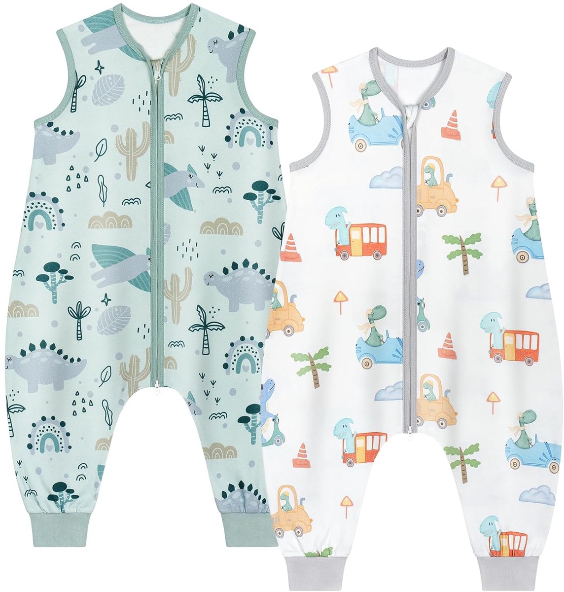 SnelShoppen - Babyslaapzak voor de zomer met benen, 0,5 Tog, 80 cm, set van 2, 100% katoen, groene dinosaurus, voor kinderen van 18-36 maanden, ideaal