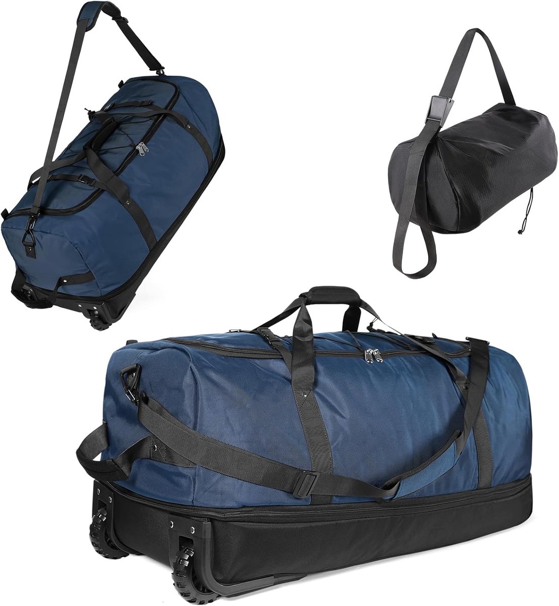SnelShoppen - Opvouwbare reistas op wielen, 110 l uitbreidbaar tot 140 l, rol tas met bijpassende opbergtas, marineblauw, ideale sporttas voor vakanti