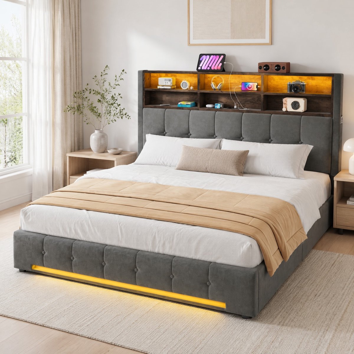 DESMIU Bed 180x200 cm – Hoofdbord met 6 Vakken, Usb C en Led – Hydraulische Opbergruimte – Tweepersoons – Fluweel – Donkergrijs – Zonder matras
