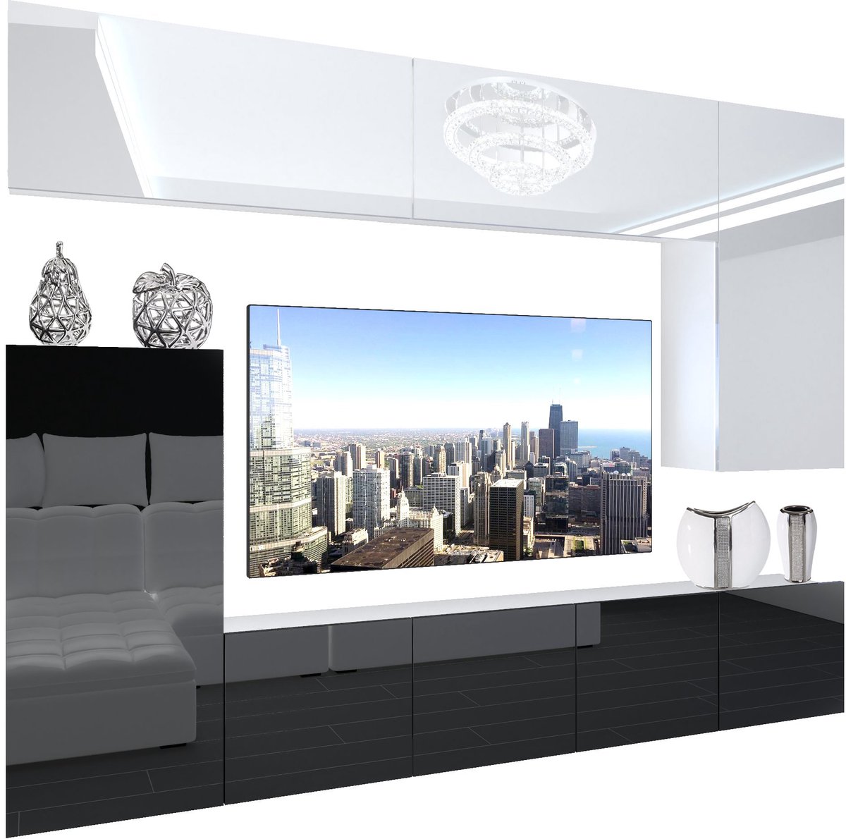 BELINI Wandmeubel NEX 8 - TV-Wandkast Set met LED-Verlichting Wit / Zwart - Hoogglans Fronten