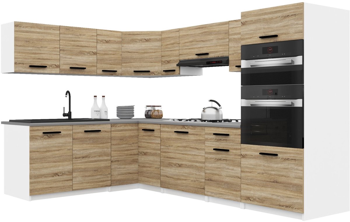 BELINI Keukenblok ITALIA 8 - Keukenmeubel Set 420 cm Sonoma Eiken met Werkbladen - Boven- en Onderkasten