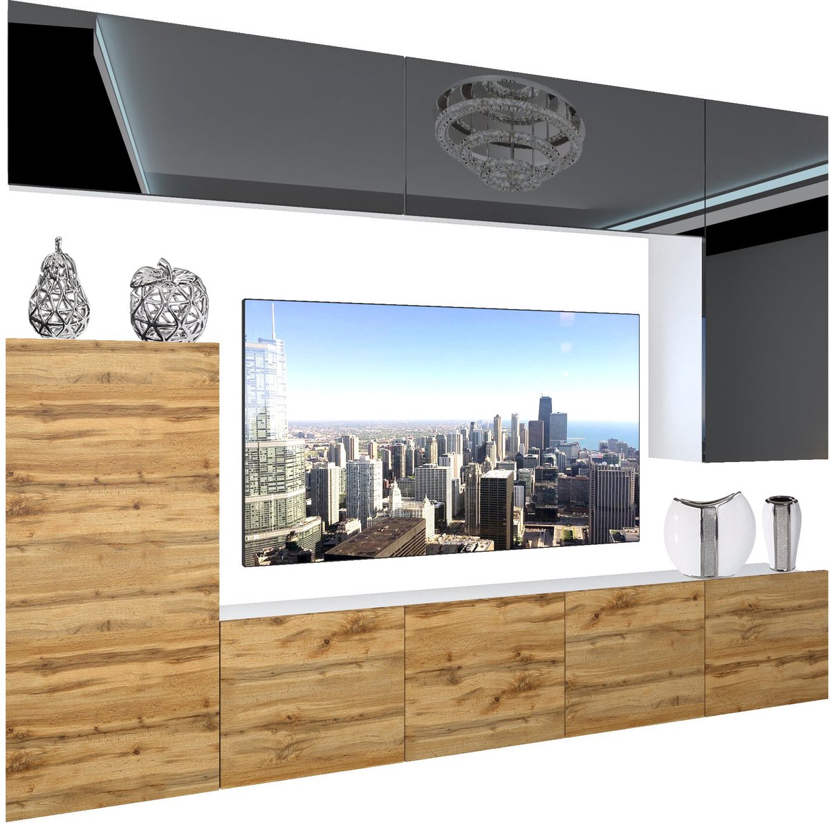BELINI Wandmeubel NEX 8 - TV-Wandkast Set met LED-Verlichting Zwart / Wotan Eiken - Hoogglans Fronten