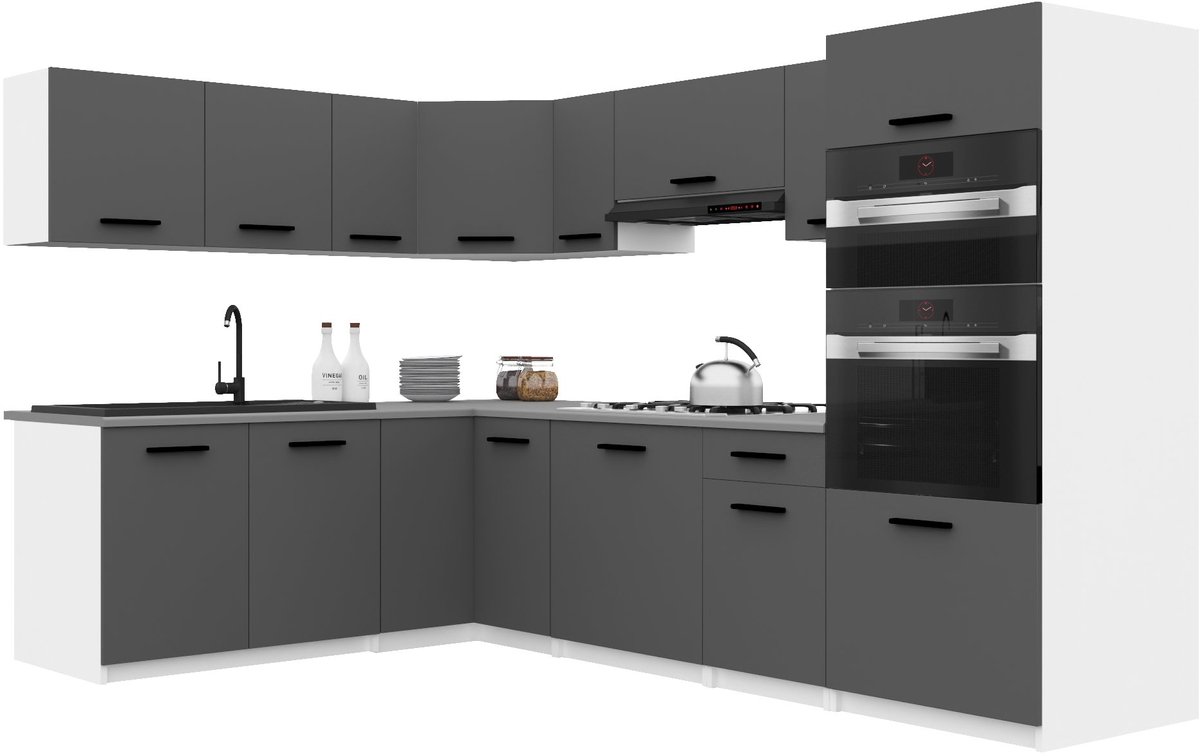 BELINI Keukenblok ITALIA 8 - Keukenmeubel Set 420 cm Grijs Mat met Werkbladen - Boven- en Onderkasten