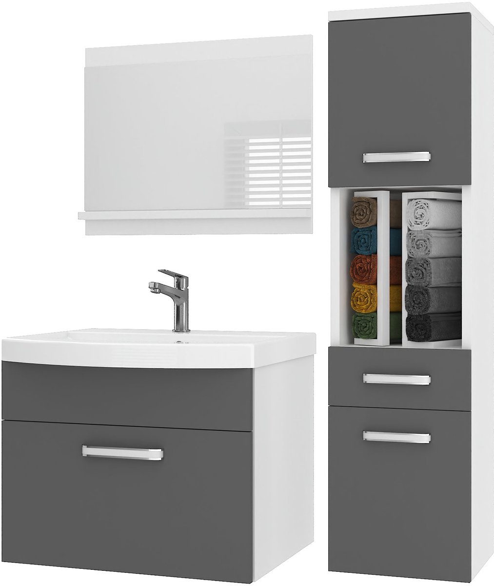 BELINI Badkamermeubel Set PRI M3 - Badmeubelset 90 cm Grijs Mat met Wastafel en Spiegel - Wandmontage