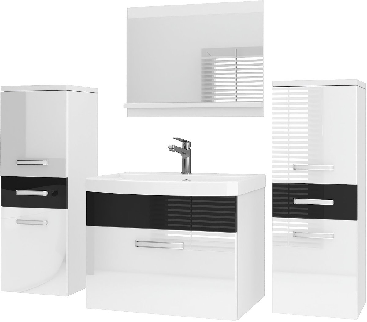 BELINI Badkamermeubel Set PRI P4 - Badmeubelset 120 cm Wit/Zwart Hoogglans met Wastafel en Spiegel - Wandmontage