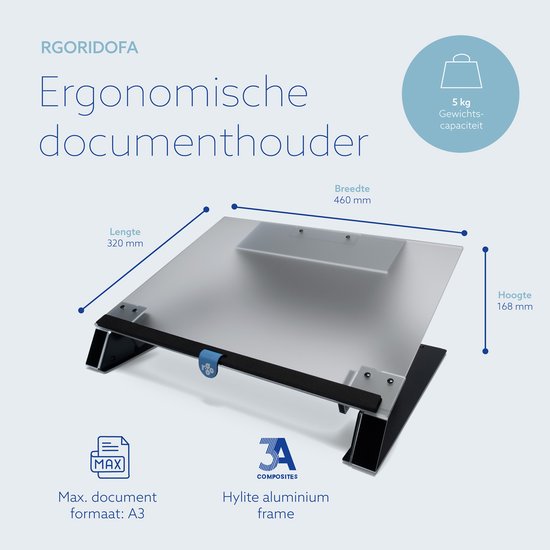 Ergonomische documenthouder, 460 mm breed, 168 mm hoog, 320 mm lang. Hylite aluminium frame, max. A3 formaat, 5 kg capaciteit.