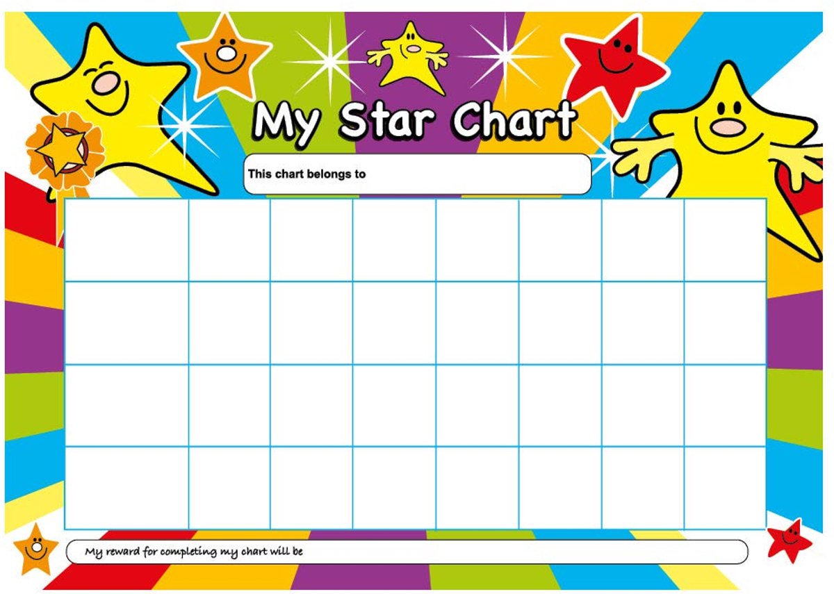 SnelShoppen - SuperStickers A4 Star Beloning Grafiek met 50 Stickers voor Kinderen, Onderwijs, Motivatie, Creatieve Activiteiten, Kleurig, 21x29.7 cm