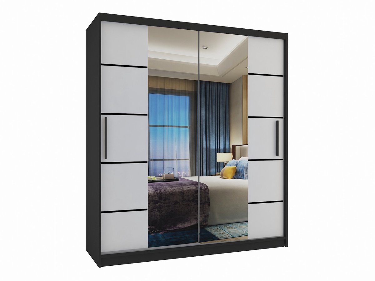 BELINI Verona ME Schuifdeurkast 133 cm Zwart/Wit Mat - Kledingkast met Spiegel - Comfort L