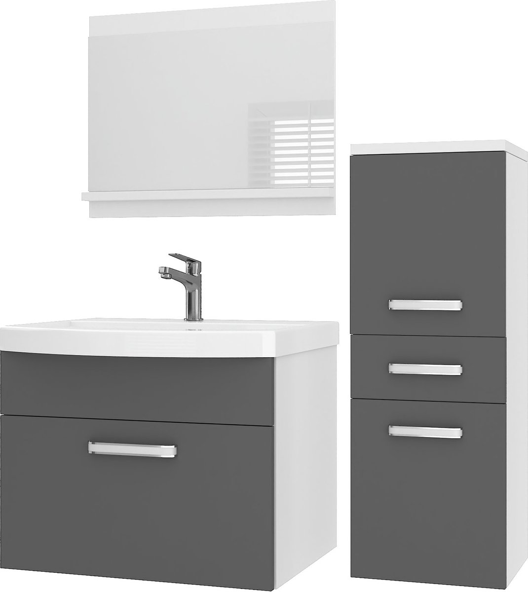 BELINI Badkamermeubel Set PRI M2 - Badmeubelset 90 cm Grijs Mat met Wastafel en Spiegel - Wandmontage