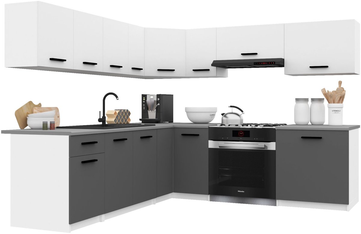 BELINI Keukenblok ITALIA 7 - Keukenmeubel Set 420 cm Wit-Grijs Mat met Werkbladen - Boven- en Onderkasten