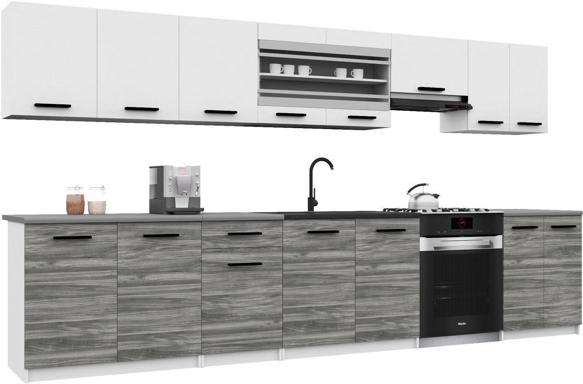 BELINI Keukenblok ITALIA 3 - Keukenmeubel Set 320 cm Wit-Grijs Glamour Mat met Werkbladen - Boven- en Onderkasten
