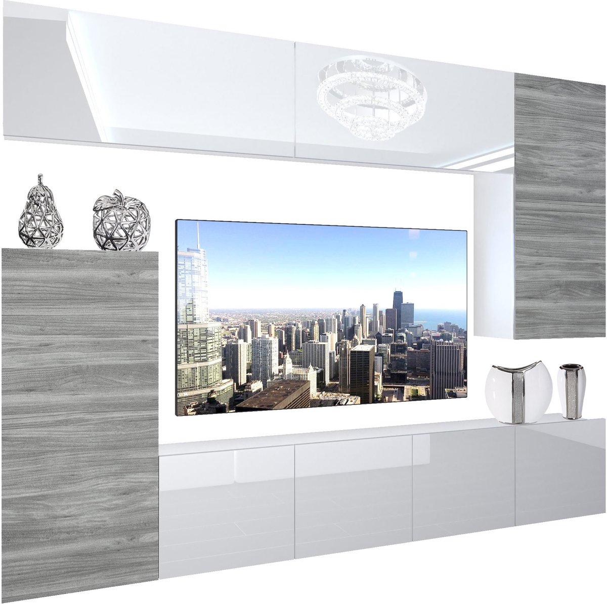 BELINI Wandmeubel NEX 8 - TV-Wandkast Set met LED-Verlichting Wit / Glamour Hout - Hoogglans Fronten