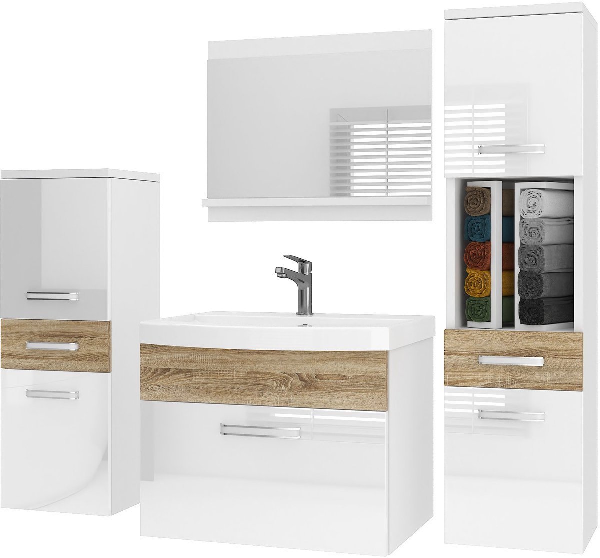 BELINI Badkamermeubel Set PRI PM5 - Badmeubelset 120 cm Wit/Sonoma Eiken Hoogglans met Wastafel en Spiegel - Wandmontage