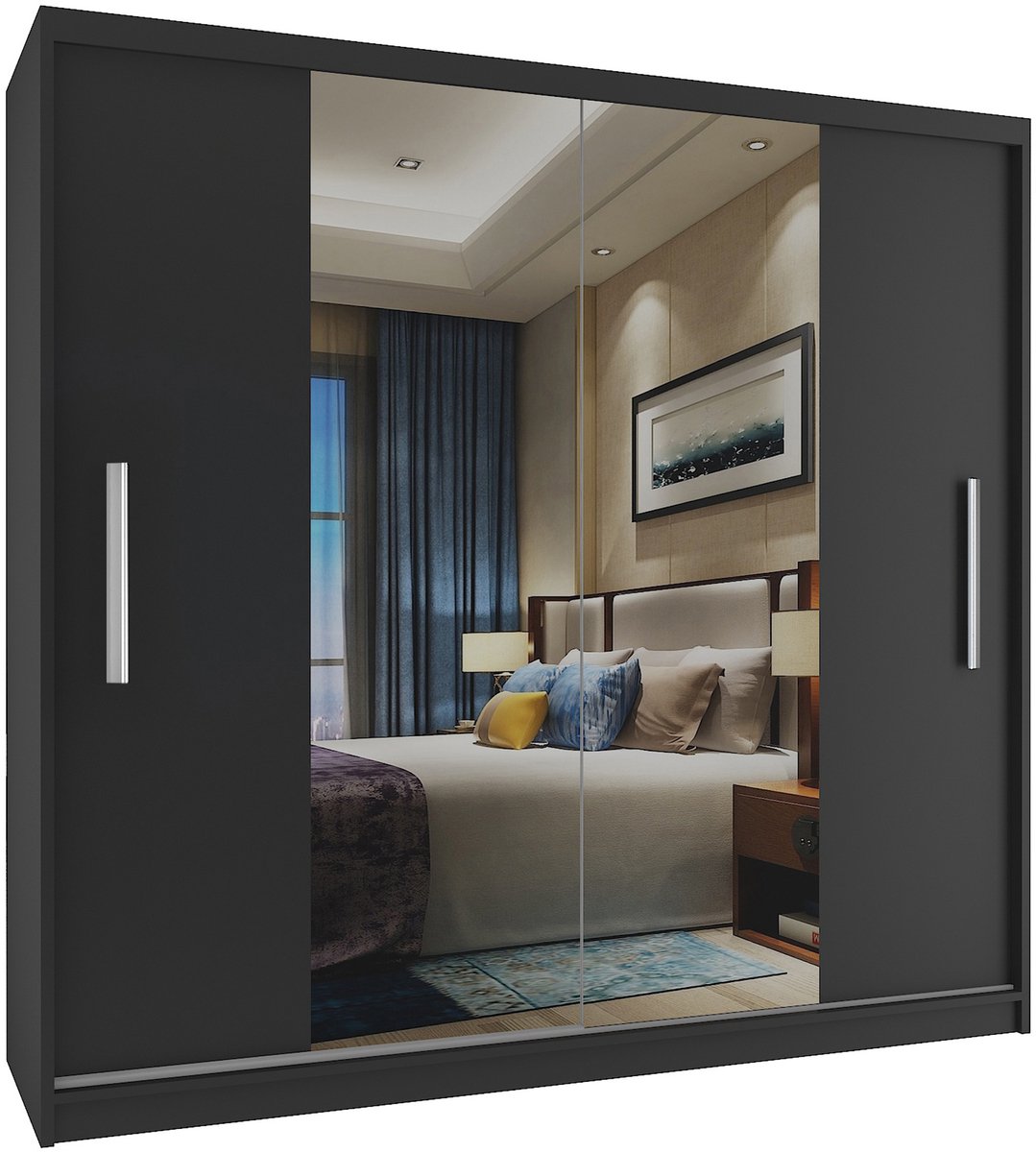 BELINI Verona ME Schuifdeurkast 200 cm Zwart Mat - Kledingkast met Spiegel - Comfort Line Slaapkamerkast