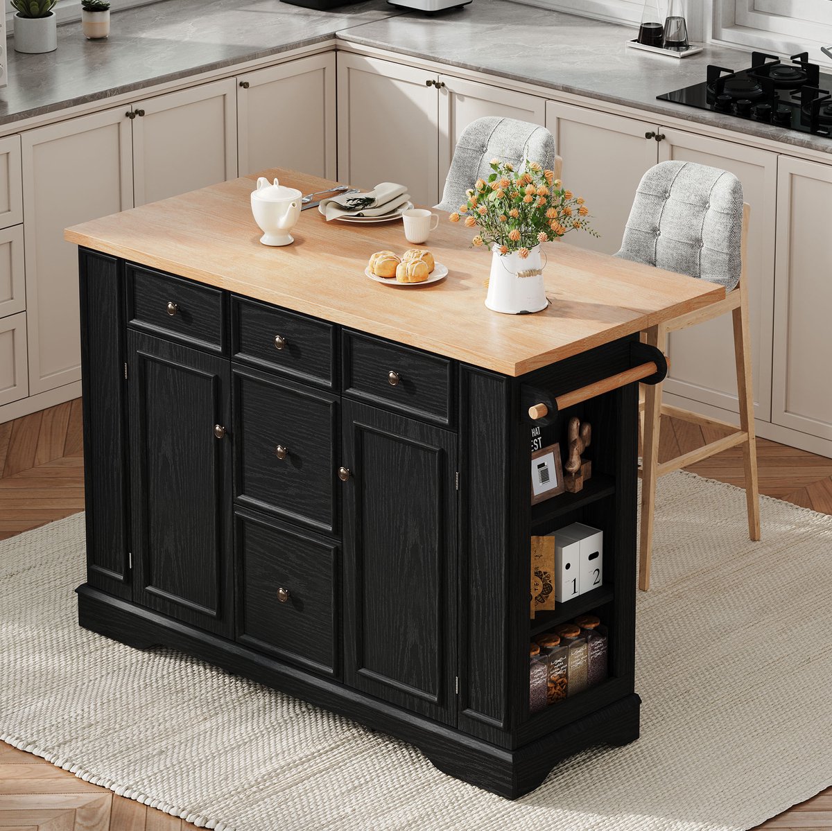 COVREO Keukenkast 130,5x65x92 cm zwart, MDF met uitklapbaar blad