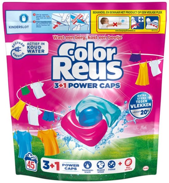 Color Reus 3+1 Power Caps wascapsules voor 45 wasbeurten. De verpakking toont een rode, roze en blauwe wascapsule met opspattend water en hangende kleding.