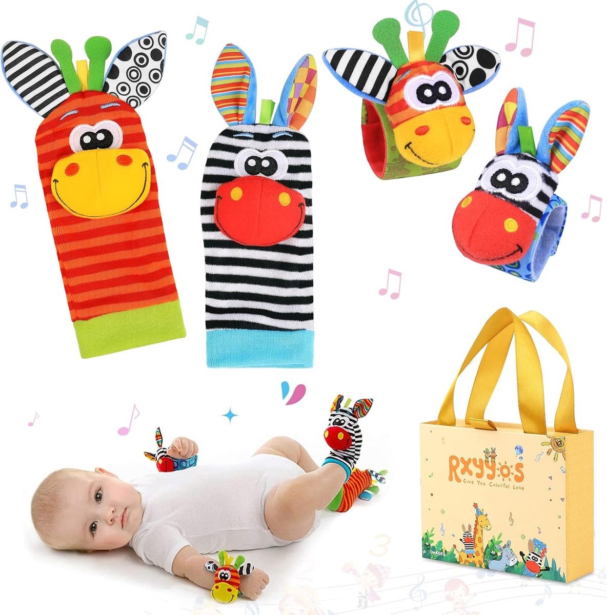 Set van 4 Baby Rammelaars voor Pols en Sokjes met Ring, Bellen en Dierenthema - Perfect voor Speelplezier en Ontwikkeling