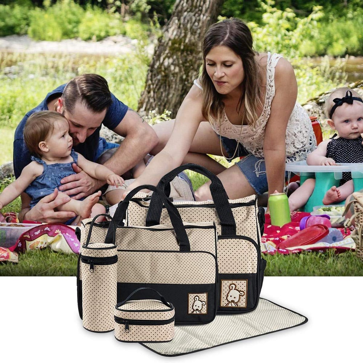 SnelShoppen - 5-delige multifunctionele luiertas set voor baby's - Ruime en praktische luiertas in trendy kleuren, ideaal voor ouders onderweg, inclus