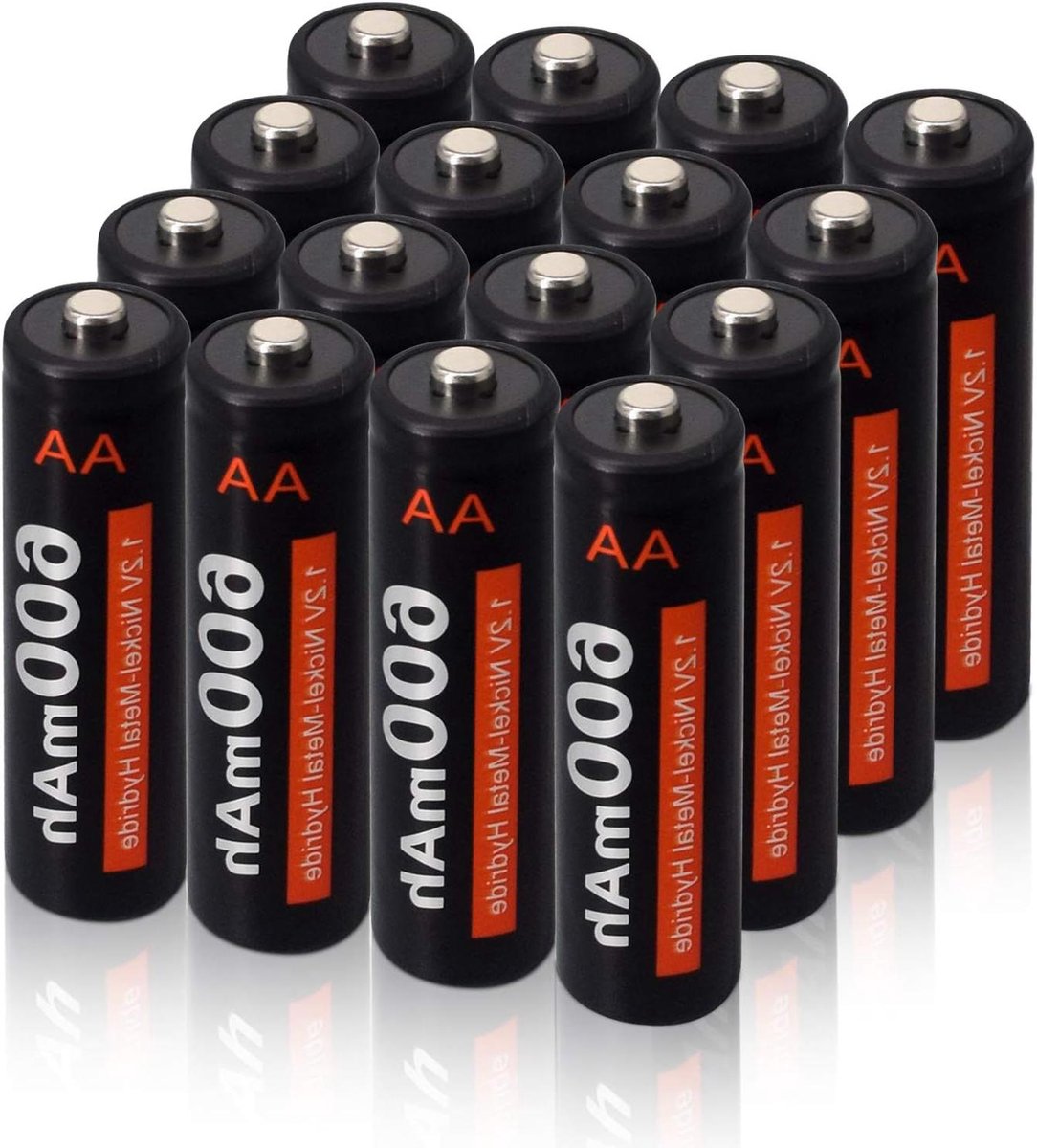 Oplaadbare AA Batterijen - Set van 16 - Huishoudelijk Gebruik - Lage Zelfontlading - 600mAh - Zwart