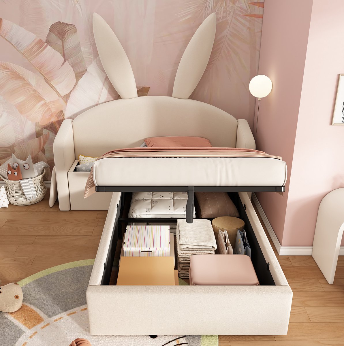 DESMIU Kinderbed 90x200cm - Bed Met Opbergruimte En Hydraulisch Systeem - Lattenbodem En Nachtkastje - Voor Kinderkamer - Velours - Beige - Zonder Matras