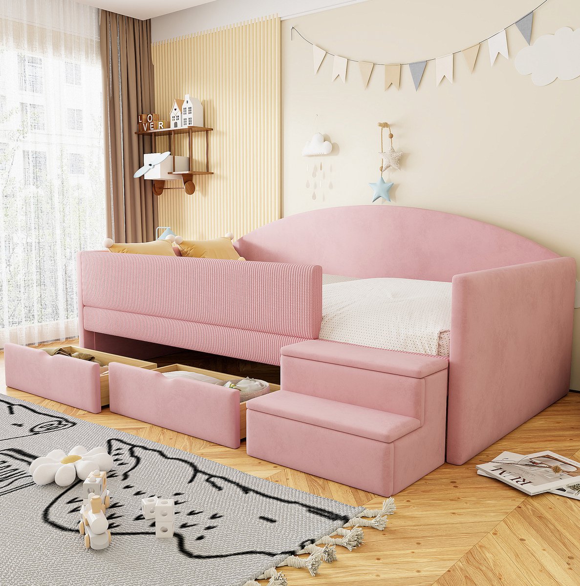COVREO Bed 90x190 cm roze, stof met 2 lades en uitvalbeveiliging
