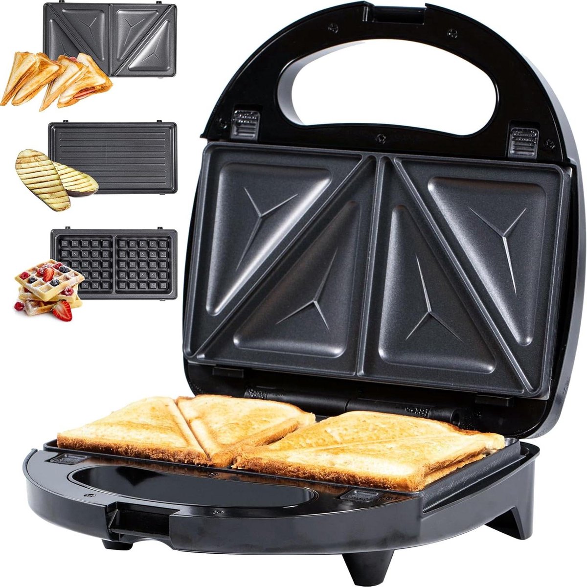 3-in-1 Snackmaker Tosti wafel grill Snelle maaltijden maken Afneembare platen 750 Watt Zwart