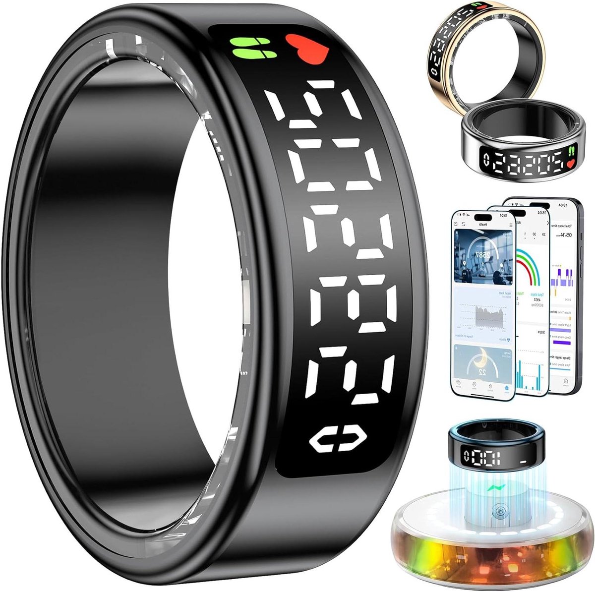 Slimme Ring - Fitness Tracker - Gezondheid Monitoren - LED Touch Display - Maat 15 - Zwart