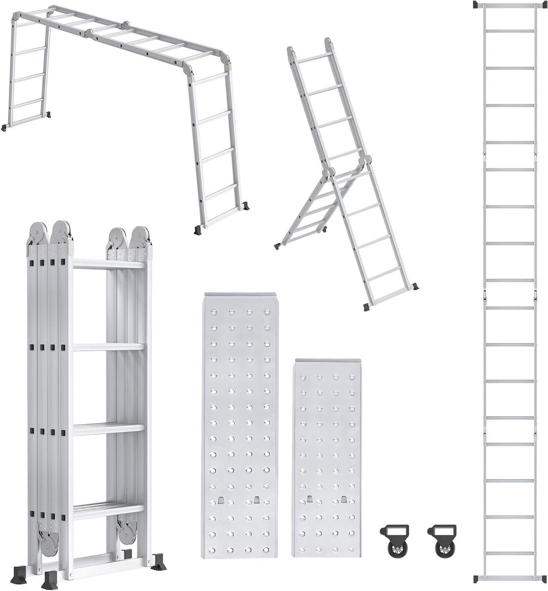 Aluminium Steiger - Vouwladder Combi - Klus Klussen - Met 2 Platforms - 470cm Maximale Hoogte - Zilver