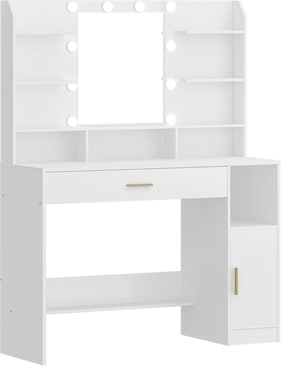 Hzuaneri Kaptafel, Groot Tafelblad met Spiegel, Led-Lamp 108cm, Wit