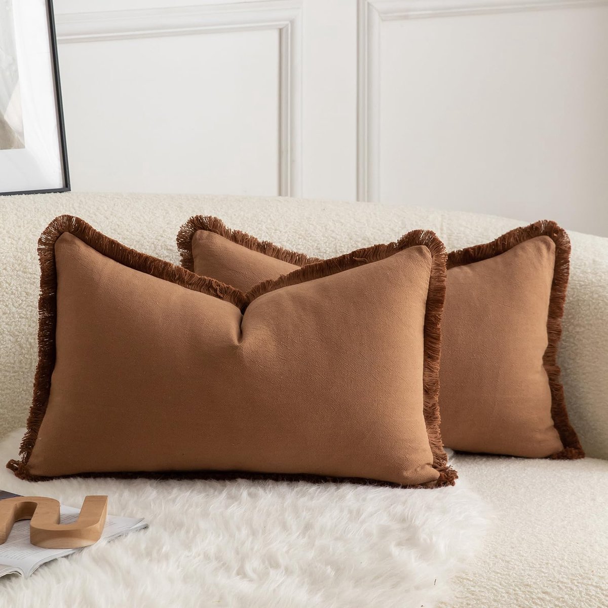 SnelShoppen - Set van 2 Neutrale Katoenen Kwastjes Kussenslopen 30 x 50 cm - Decoratieve Kussenslopen in Bruin voor Boho Woondecoratie, Bankkussen, Si