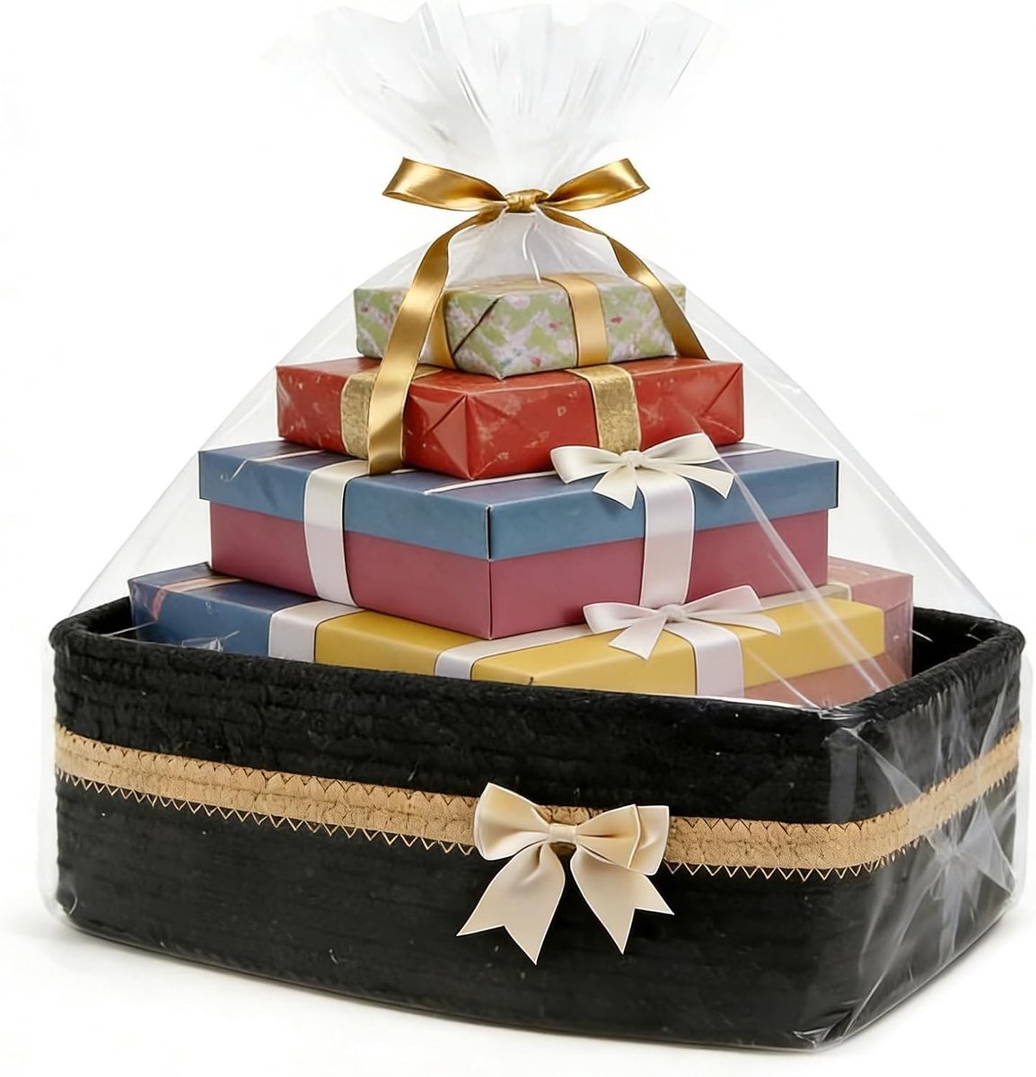 Lege Cadeaumand voor Opslag, Gevlochten Mand met Cadeautassen en Linten, Katoenen Organizer voor Handdoeken, Woven Opslagmand voor Verjaardag, Bruiloft en Pasen (Zwart)